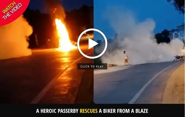 نجات موتورسوار بیهوش از میان شعله های آتش! +عکس