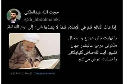 پیام تسلیت دکتر عبدالملکی در پی ارتحال ملکوتی آیت‌الله صافی گلپایگانی (ره)