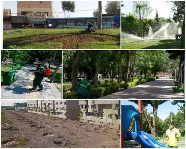 نظافت و ضدعفونی مستمر تجهیزات و المان های پارکی در منطقه ۱۵