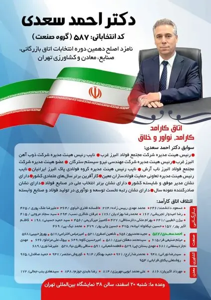 احمد سعدی، نامزد دهمین دوره انتخابات اتاق بازرگانی، صنایع، معادن و کشاورزی تهران
