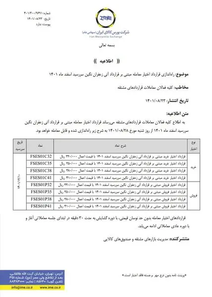 اختیار آتی زعفران نگین سررسید اسفند ۱۴۰۱ راه اندازی می شود