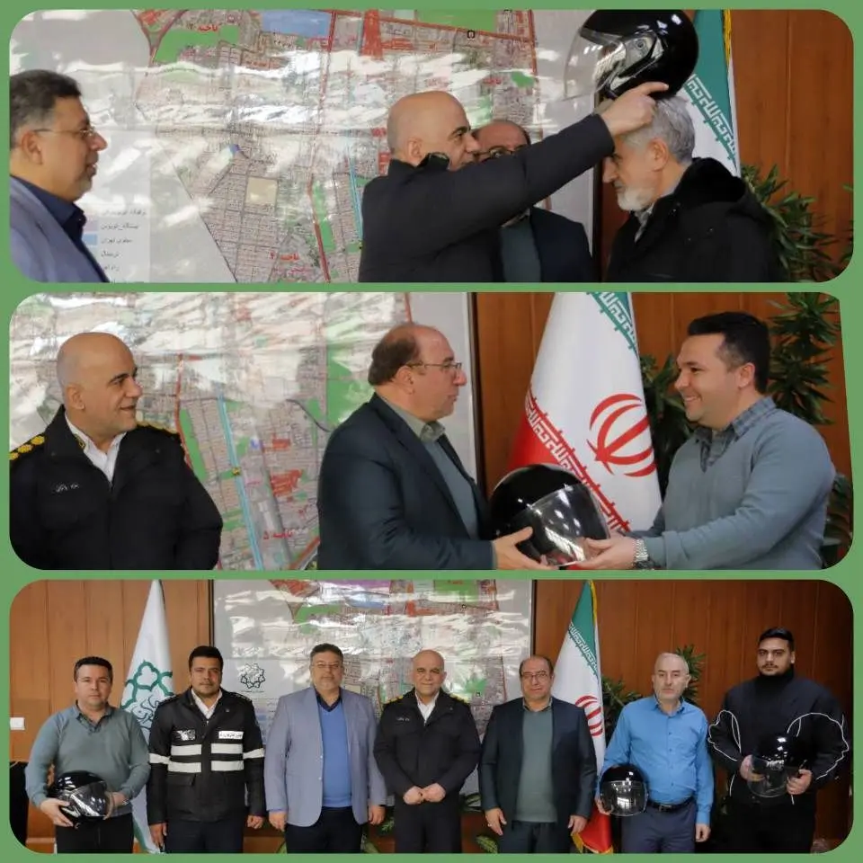 توزیع کلاه ایمنی بین موتورسواران منطقه ۱۶ با حضور مسئولان شهری و پلیس راهور