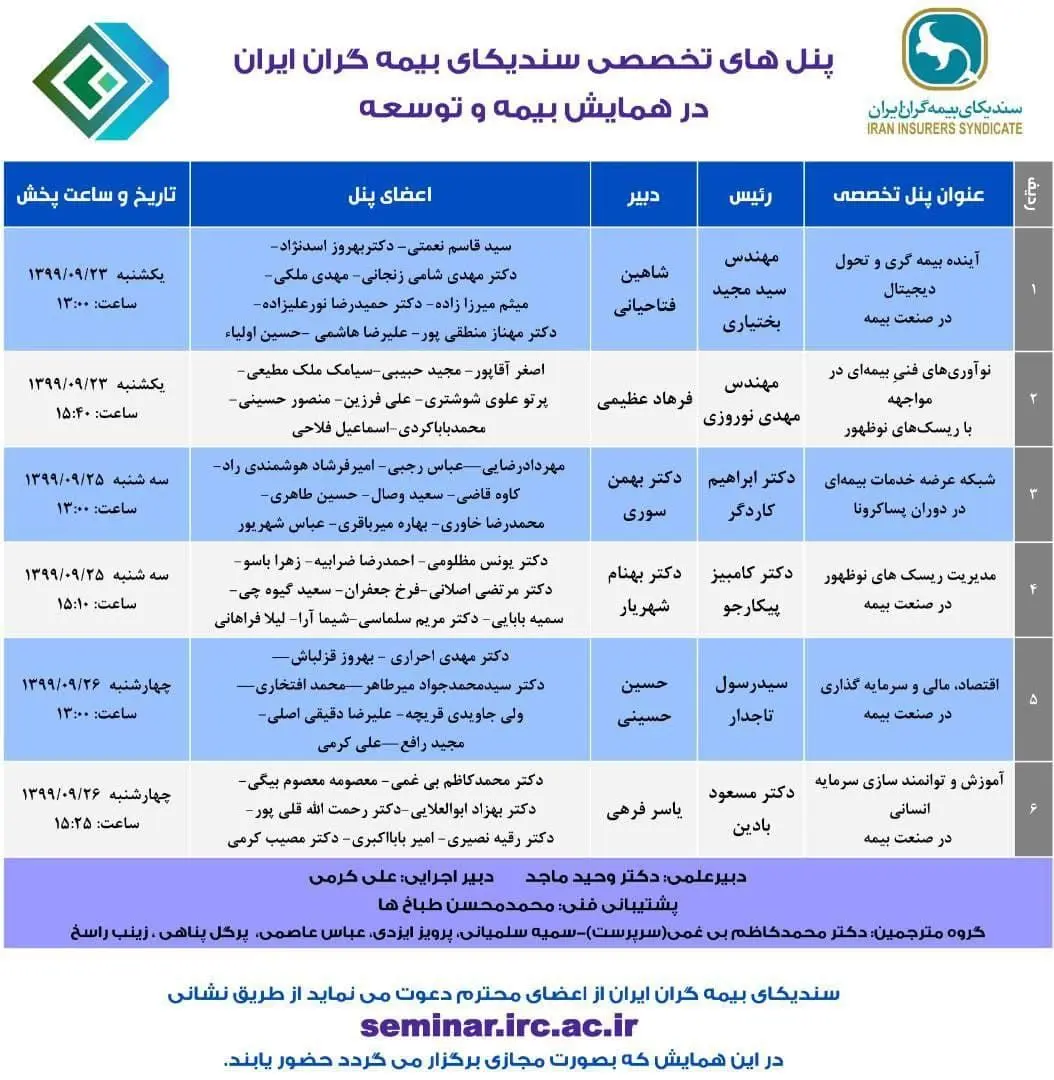 زمانبندی پخش پنل های  تخصصی سندیکای بیمه گران ایران در همایش بیمه و توسعه

