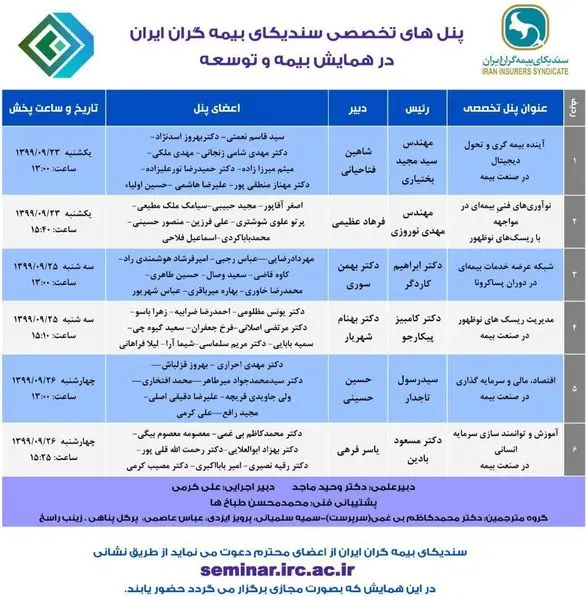 زمانبندی پخش پنل های  تخصصی سندیکای بیمه گران ایران در همایش بیمه و توسعه

