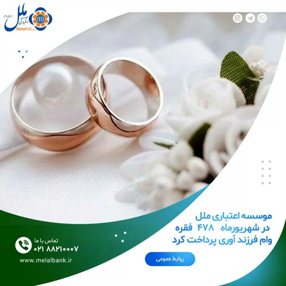 موسسه اعتباری ملل در شهریورماه  339  فقره وام ازدواج پرداخت کرد

