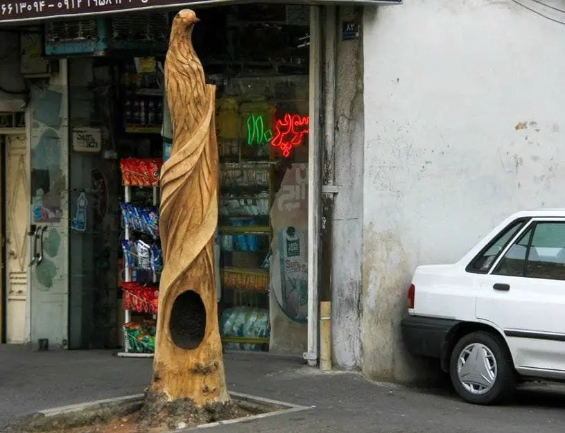 تندیس سیمرغ بر پیکره بی جان درخت خشکیده چنار 

