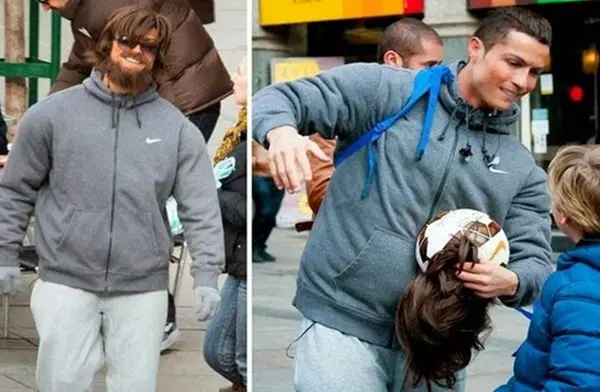 ستاره‌ فوتبال با لباس مبدل و گریم در خیابان +عکس