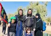 آذری جهرمی و فرزندش در موکب پیاده‌روی اربعین +عکس 