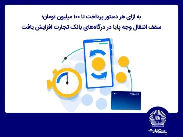 سقف انتقال وجه پایا در درگاه‌های اینترنت‌بانک تجارت افزایش یافت

