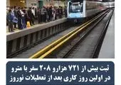 ثبت بیش از  ۷۲۱ هزارو ۲۰۸ سفر با مترو در اولین روز کاری پس از تعطیلات نوروزی