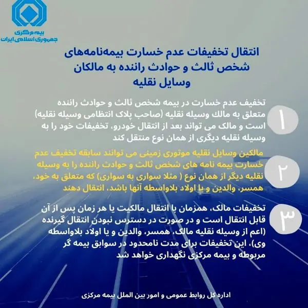 انتقال تخفیفات های عدم خسارت بیمهنامههای شخص ثالث و حوادث راننده به مالکان وسایل نقلیه