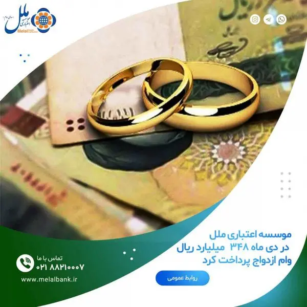 موسسه اعتباری ملل در دی ماه ۳۴۸  میلیارد ریال وام ازدواج پرداخت کرد