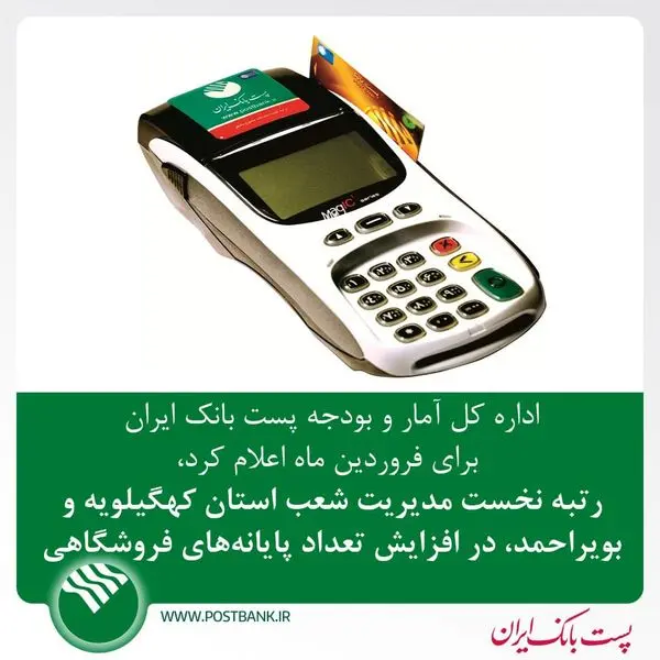  رتبه نخست مدیریت شعب استان کهگیلویه و بویراحمد، در افزایش تعداد پایانه‌های فروشگاهی