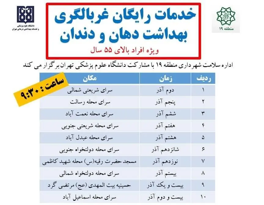 ارائه خدمات غربالگری بهداشت دهان و دندان ویژه افراد بالای 55 سال در منطقه 19