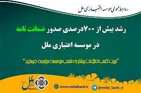 رشد بیش از ۷۰۰ درصدی صدور ضمانت ‌نامه در موسسه اعتباری ملل