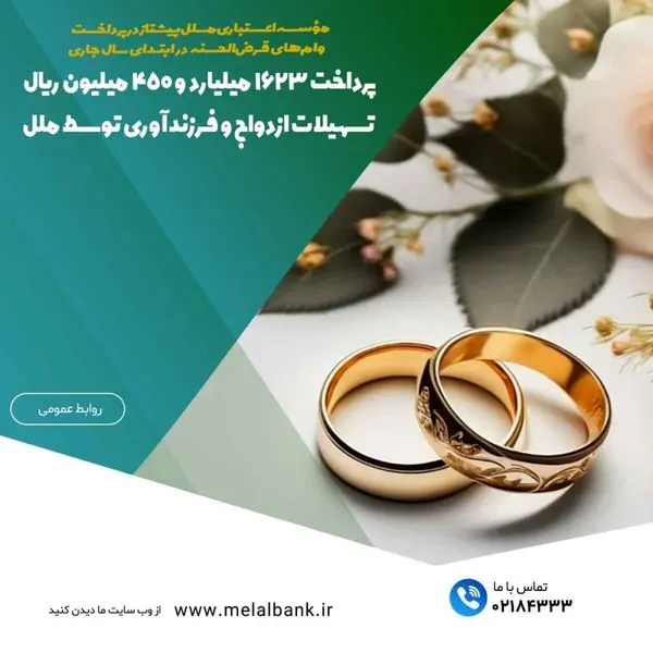 پرداخت ۱۶۲۳ میلیارد و ۴۵۰ میلیون ریال تسهیلات ازدواج و فرزندآوری توسط ملل