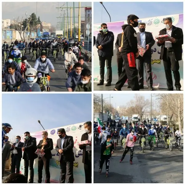 رکاب زنی شهردار منطقه ۱۵ با دانش آموزان در آستانه سالروز پیروزی انقلاب اسلامی 