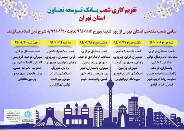 برنامه کاری شعب بانک توسعه تعاون استان تهران و سایر استانها از ۱۶ الی ۲۰ فروردین