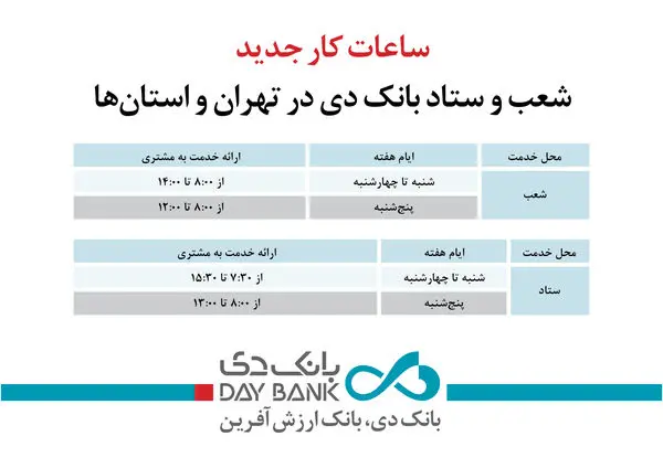ساعات کار جدید شعب و ستاد بانک دی در تهران و استانها